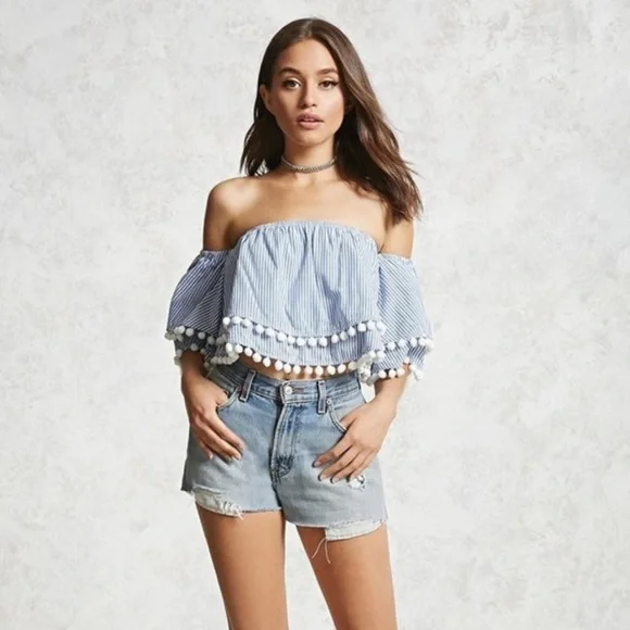 NEW Forever 21 Pom Pom Off-the-shoulder Top - Picture 4 of 7